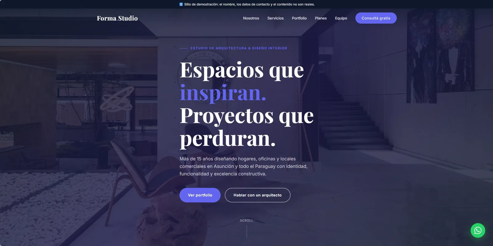 Demo de landing page para estudio de arquitectura creada con el Builder de Revenant