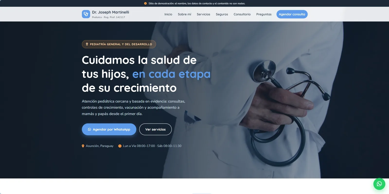 Demo de landing page para profesional médico creada con el Builder de Revenant