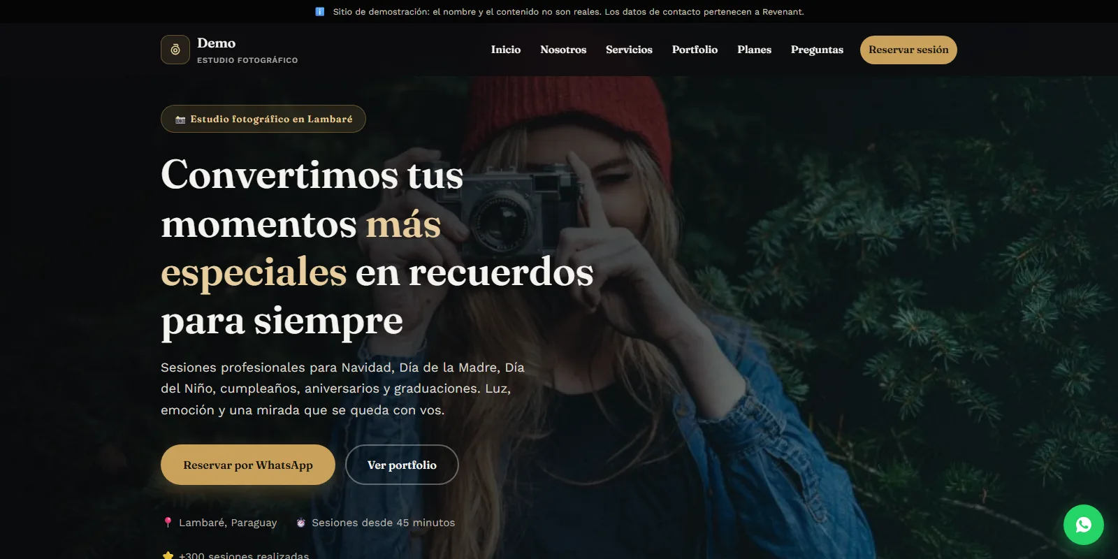 Demo de landing page para estudio fotográfico creada con el Builder de Revenant
