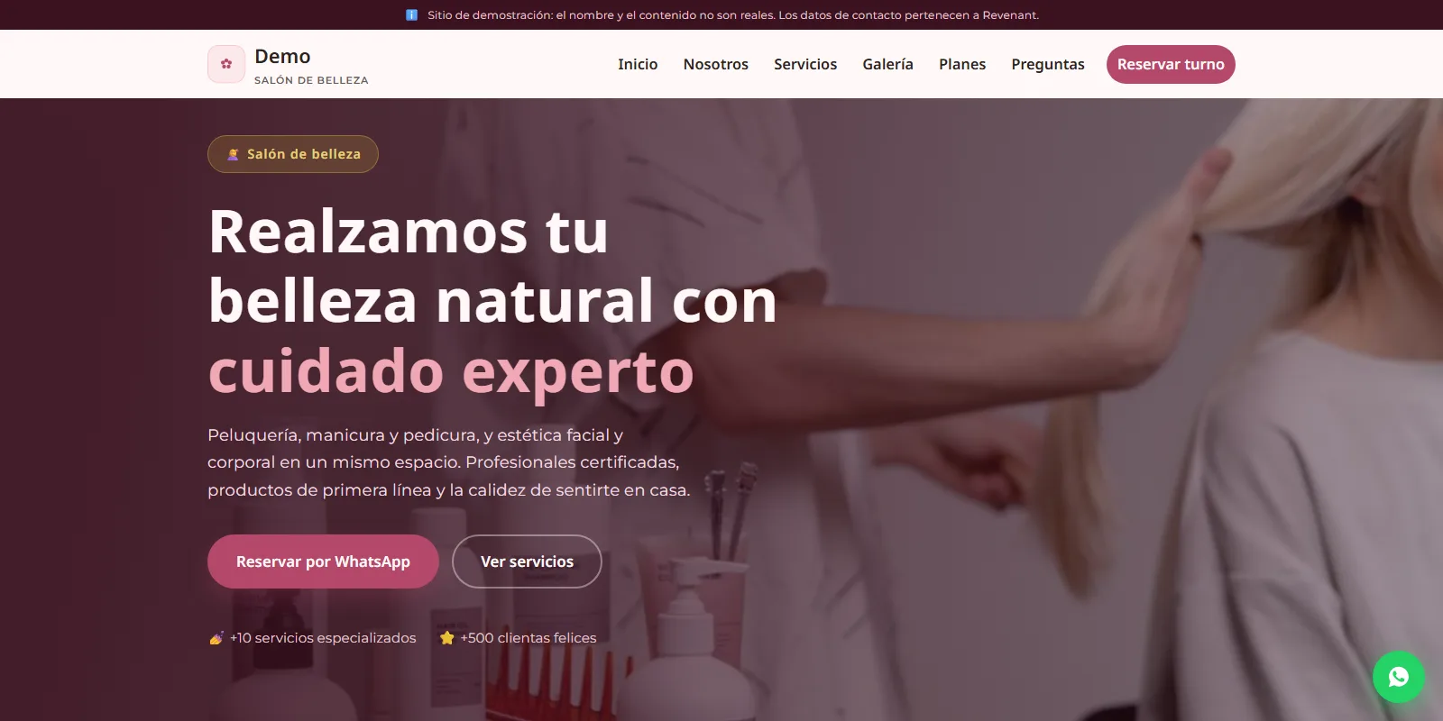 Demo de landing page para salón de belleza creada con el Builder de Revenant